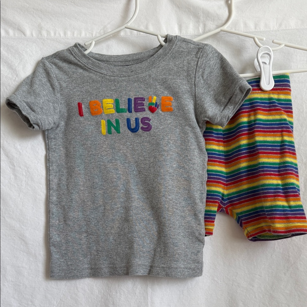 Old Navy Gray Tee with Colorful Text and rainbow shorts (pajama set)